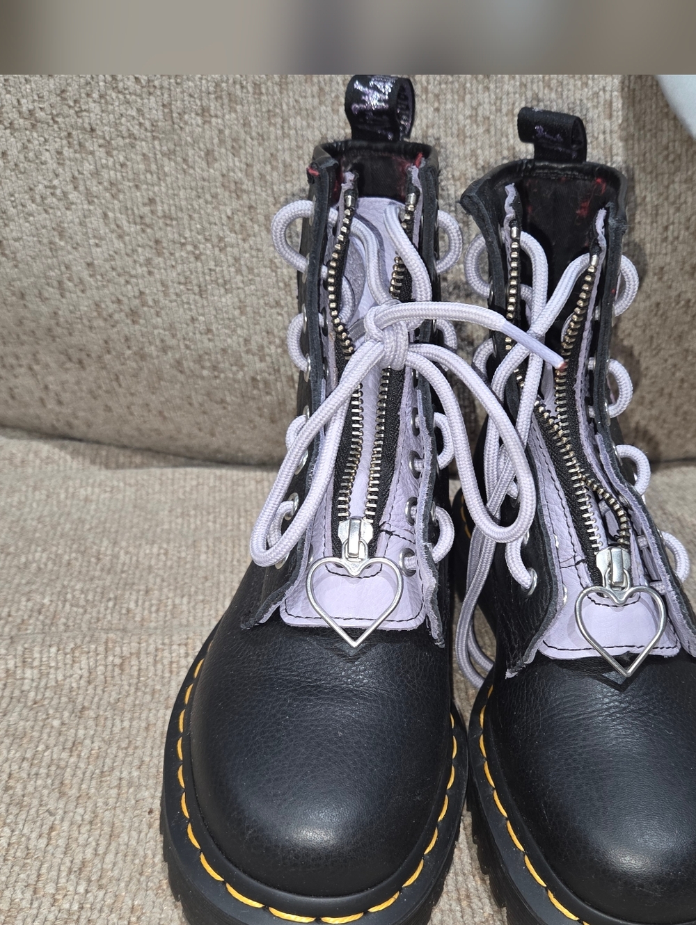 Dr Martens Black Lace-Up Combat Boots with Lilac Heart Accents - Picture 2 of 5